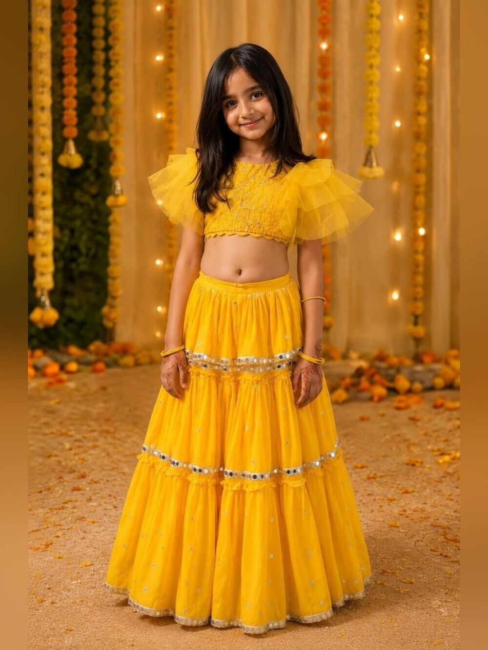 Girls Mustard Yellow Mirror Work Lehenga Choli Set Size 6-7 Years | Tiered Skirt